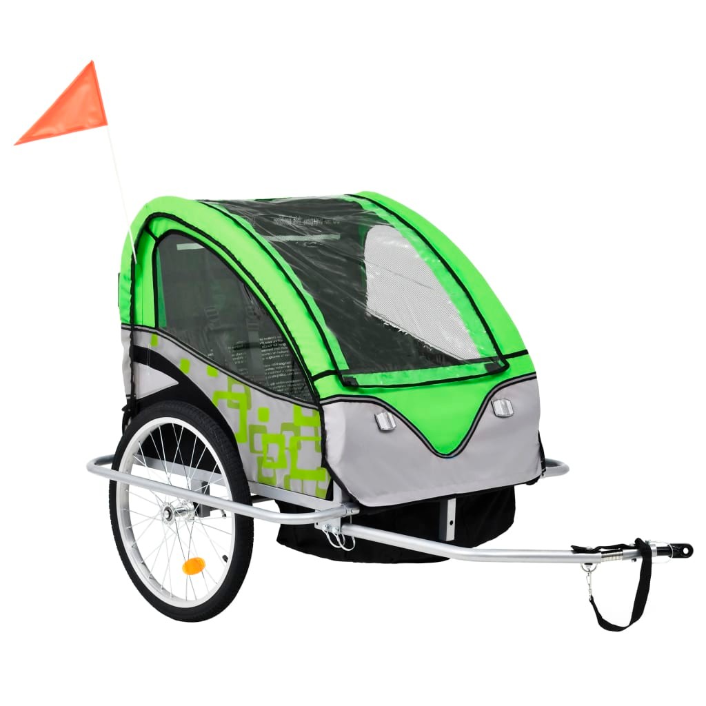 2-in-1 Kids Bicycle Trailer & Stroller Green and Grey
